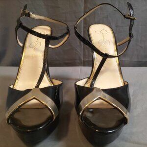 Jessica Simpson Carys Black Patent, Gold Accent T-Strap Heels Sz 11M